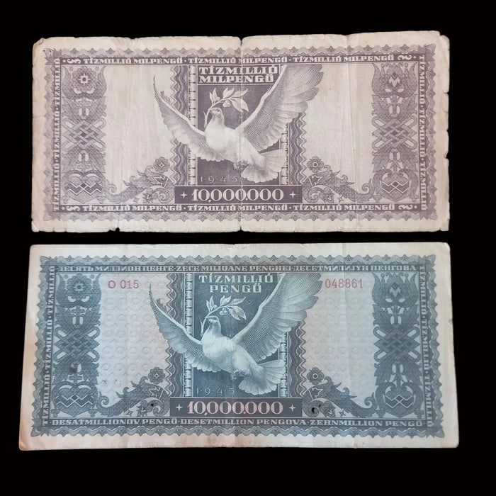 Vintage Banknote 1945-1946 Hungary 10 Million Tízmillió Pengő & 10000000000000 Milpengő