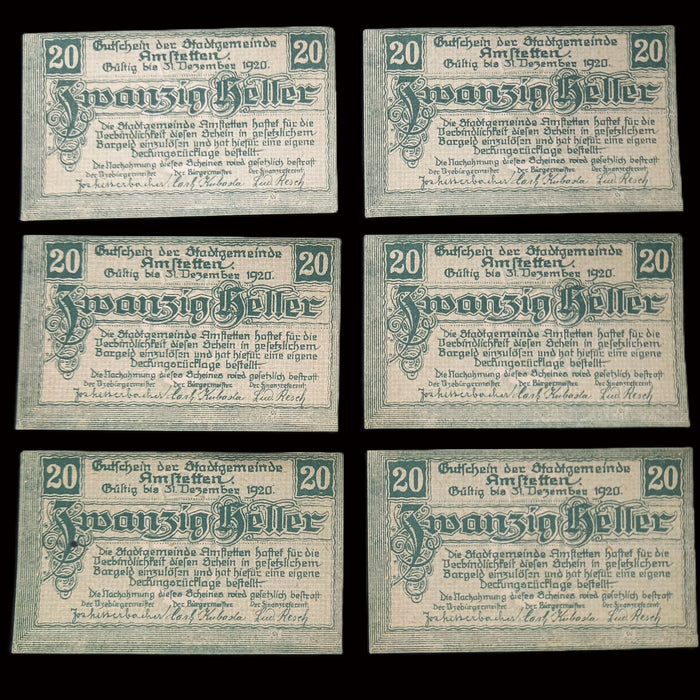 Antique Banknote 1920 Austria Amstetten 20 Heller Notgeld Emergency Money Lot of 6