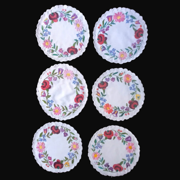 Hungarian Vintage Doily Set of 6 Vivid Hand-Embroidered Floral Folk Art 1970-80s