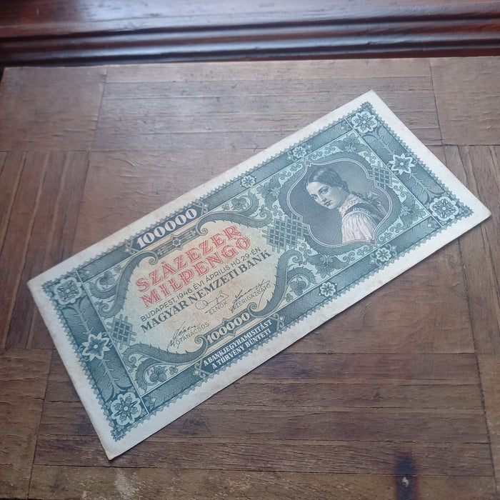 1946 Hungary Banknote 100K Milpengo 100 Billion Pengo Woman & Coat of Arms