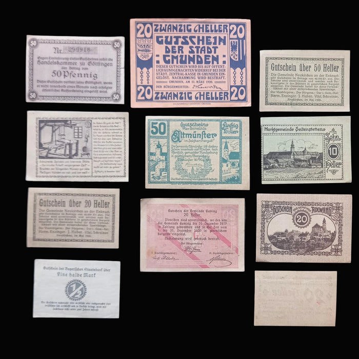 Antique Banknote Notgeld 1918-1921 German Austria History 11pc Set Mark Pfennig Heller