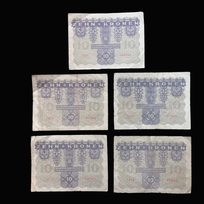Antique Banknote 1922 Austria 10 Zehn Kronen 5pc Set Hyperinflation Money Collectible
