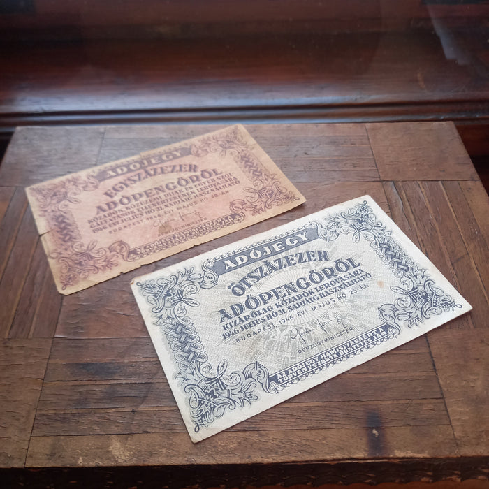 1946 Hungary Banknote Adopengo Tax Note Set 100k & 500k Hyperinflation Money