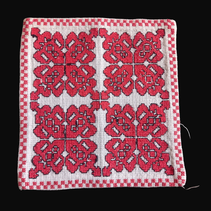 Vintage Hungarian Folk Art Doily Red Knots Handmade Cross Stitch Rustic Bereg 1960s