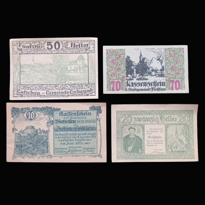 Antique Banknote Notgeld 1920 Austria Green Landscape 8pc Set Heller WWI Money Excellent