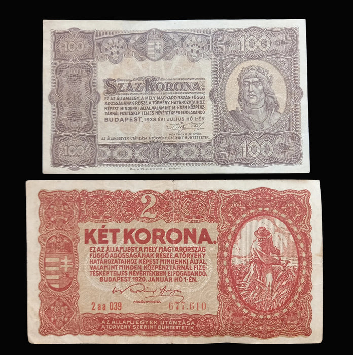 Two vintage Hungarian banknotes displayed on a dark background: a 100 Forint Százkoróna note above and a 2 Két Koróna note below.