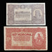 Two vintage Hungarian banknotes displayed on a dark background: a 100 Forint Százkoróna note above and a 2 Két Koróna note below.