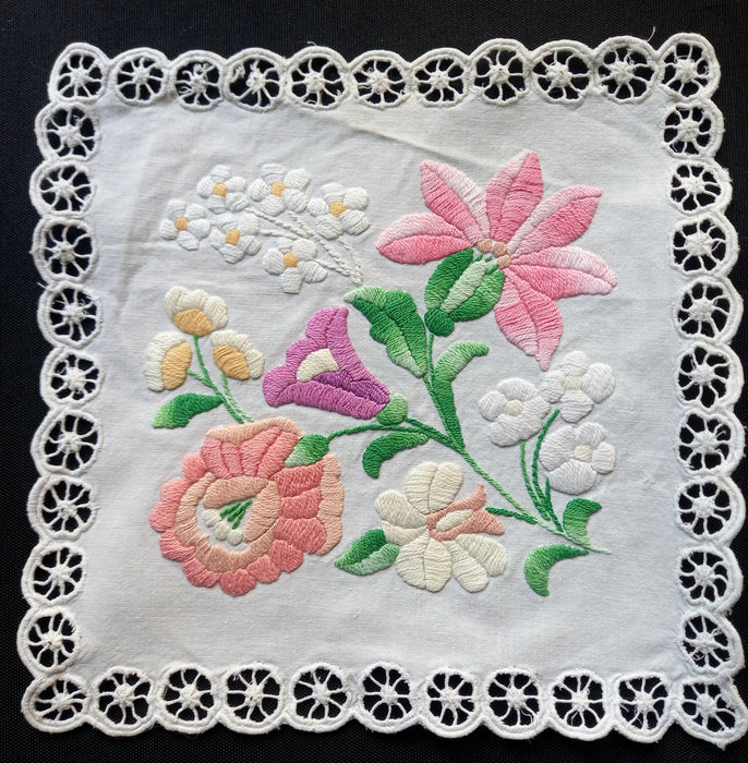 Vintage Hungarian Kalocsa Doily Hand Embroidered Pastel Floral Square 1970s