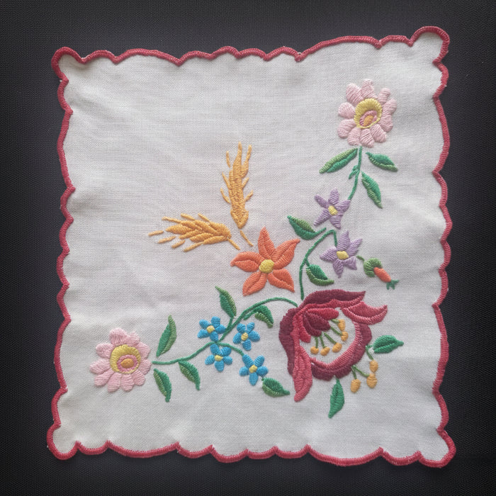 Vintage Hungarian Kalocsa Doily Hand-Embroidered Flowers & Wheat 1970-80s