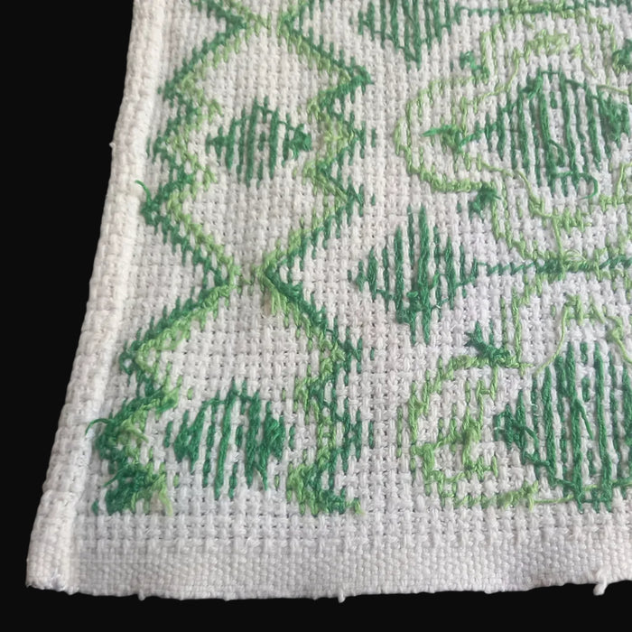 Vintage Hungarian Folk Art Table Runner Handmade Green Cross-Stitch Boho 1950-60s