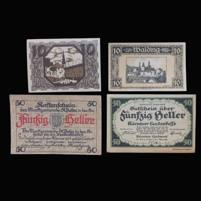 Four vintage German banknotes arranged in a 2x2 grid on a black background: two 10 Heller notes at top and two 50 Heller notes at bottom.