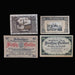 Four vintage German banknotes arranged in a 2x2 grid on a black background: two 10 Heller notes at top and two 50 Heller notes at bottom.