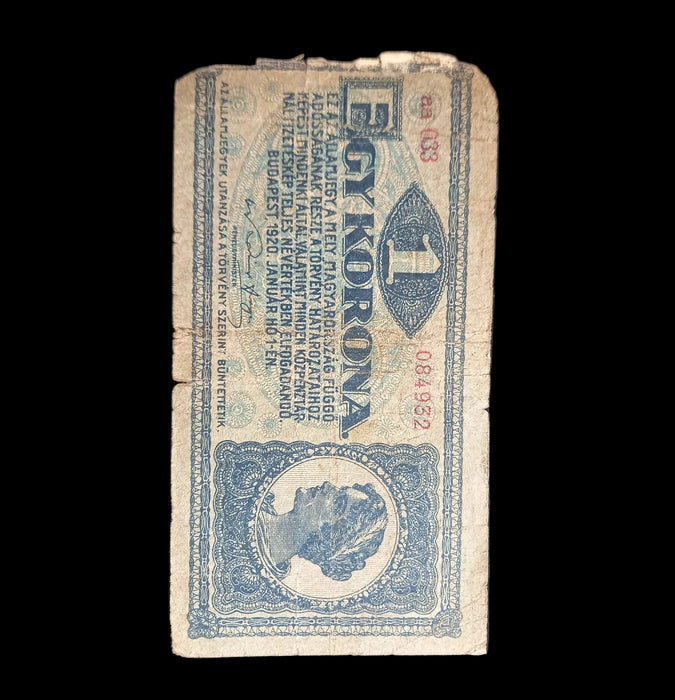 1920 Hungary Banknote 1 Korona Antique Egy One Bill Post-WWI Austro-Hungarian Empire