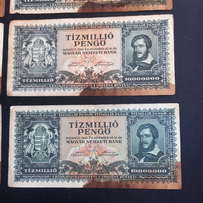 Vintage Banknote 1945 Hungary 10,000,000 Tízmillió Pengő 8-Note WWII Survivor Set