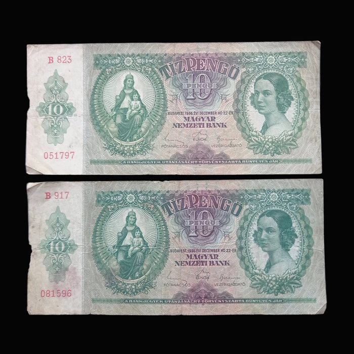 Vintage Banknote 1936 Hungary Tíz 10 Pengő Magyar Nemzeti Bank Old Money Matching Pair