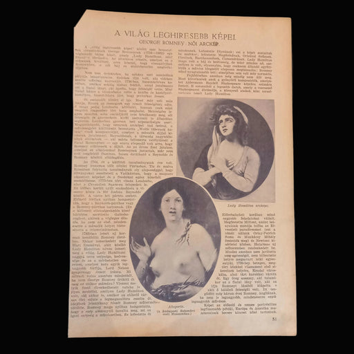 Vintage hungarian newspaper page with two portraits of a woman on a dark background