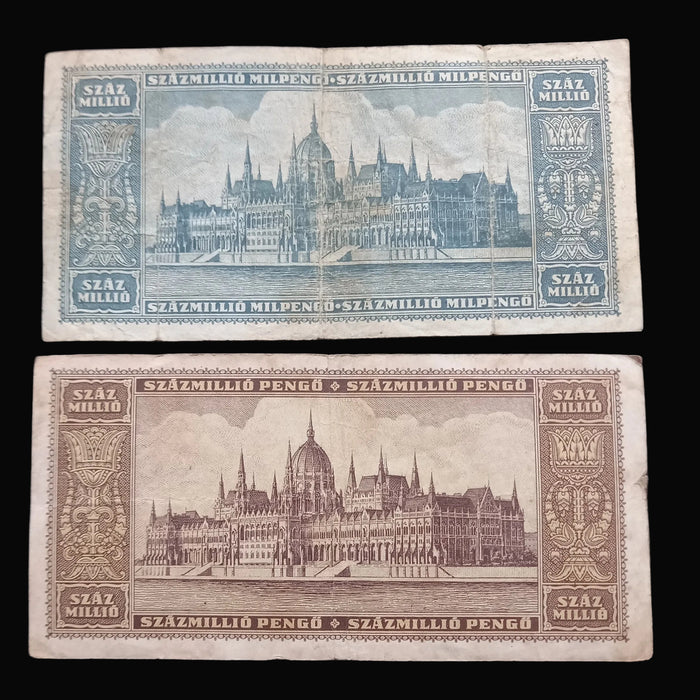 Vintage Banknote 1945-46 Hungary Pengő Milpengő 5pc Set 100 Trillion Hyperinflation Progression