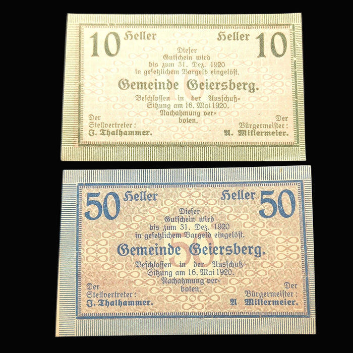 Antique Banknote 1920 Austria Geiersberg Notgeld Emergency Money 50 & 10 Heller Set UNC