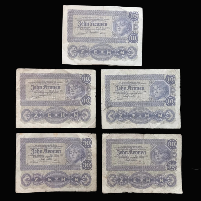 Antique Banknote 1922 Austria 10 Zehn Kronen 5pc Set Hyperinflation Money Collectible