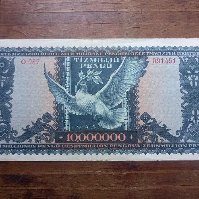 1945 Hungary Banknote 10 Million Pengo Dove of Peace Hyperinflation Money