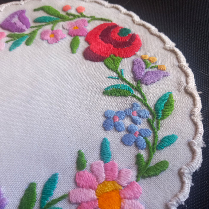 Hungarian Vintage Doily Set of 6 Vivid Hand-Embroidered Floral Folk Art 1970-80s
