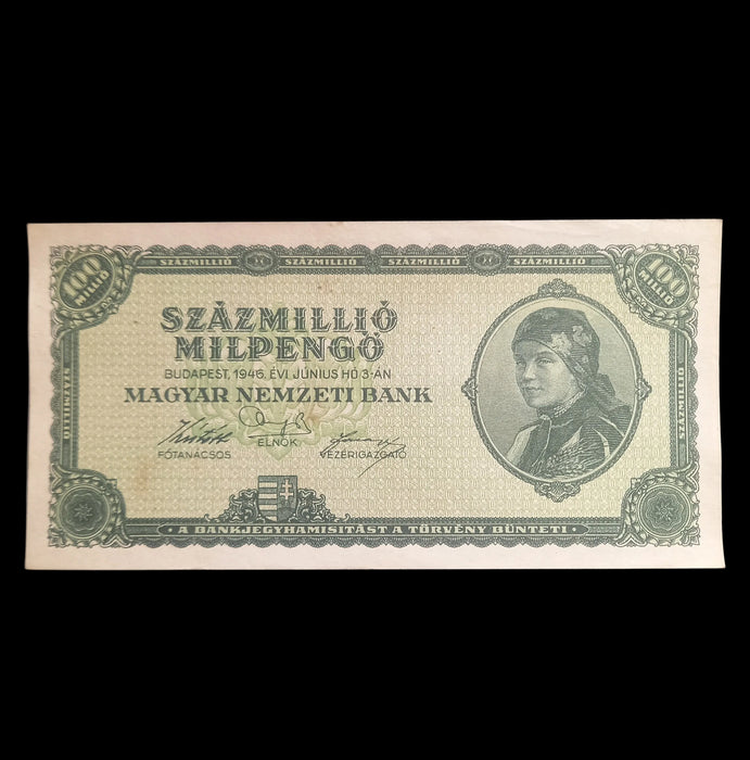 1946 Hungary Banknote 100 Million Milpengo Trillion Pengo Hyperinflation UNC Toned