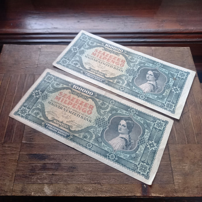 1946 Hungary 100,000 Milpengő Banknote Pair Matching B-Series Hyperinflation Currency