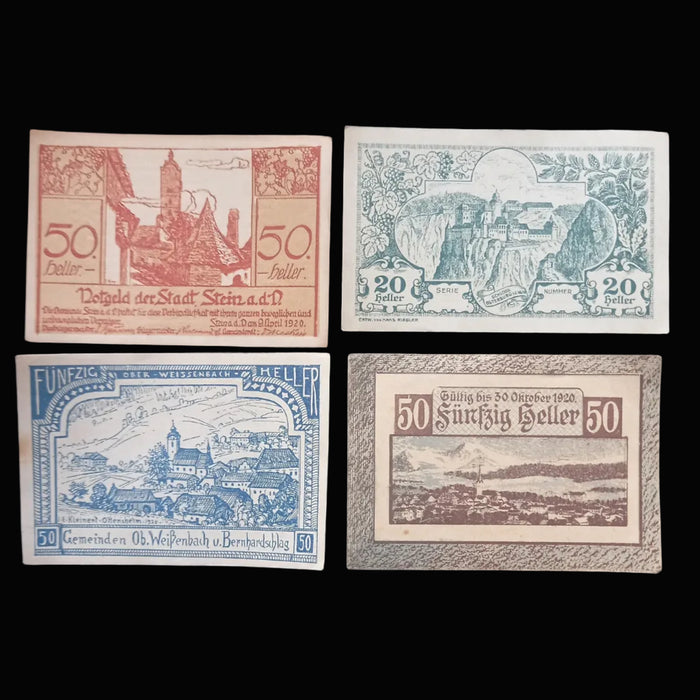 Antique Banknote Notgeld 1920 Austria Architecture 14pc Set Rare Stamped Gainfarn Heller Pair
