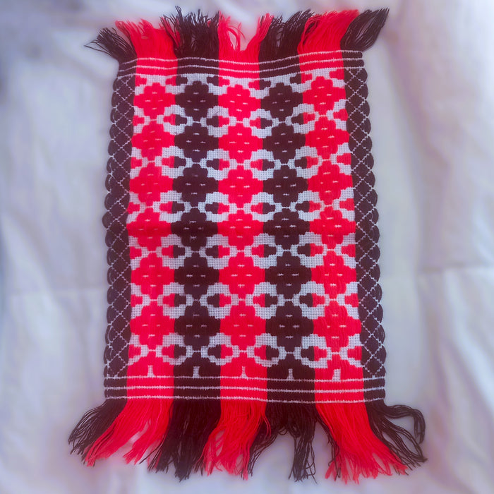 Vintage Hungarian Folk Art Table Runner Red-Orange Brown Diamond Loom 1970s