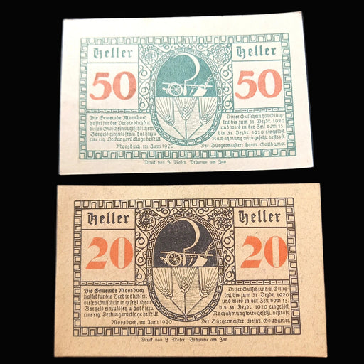 Two vintage German banknotes notgelds with 'Heller' and numbers printed on them.