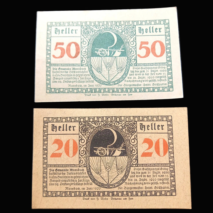Two vintage German banknotes notgelds with 'Heller' and numbers printed on them.