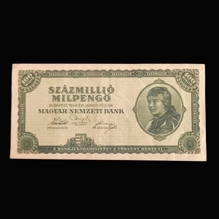 Vintage Banknote 1946 Hungary Százmillió Milpengő Premium 100 Million Hyperinflation Money XF