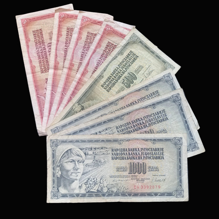 Vintage Banknote 1978-86 Yugoslavia Dinar 100 500 1K Tesla Peace Socialist Currency 8pc Set