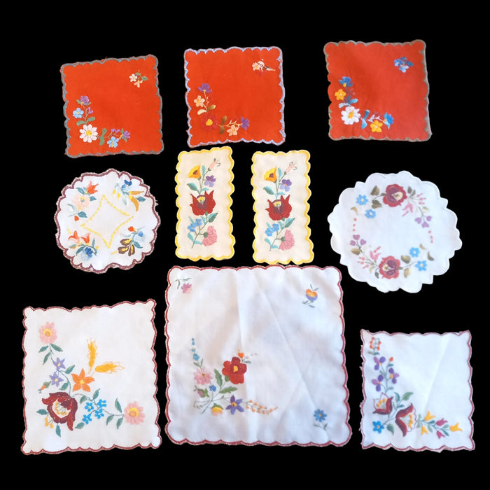 Vintage Hungarian Kalocsa Doily 10pc Set Hand Embroidered Colorful Table Assortment 1970s