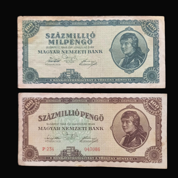 Vintage Banknote 1945-46 Hungary Pengő Milpengő 4pc Set 100 Trillion WWII Hyperinflation Money