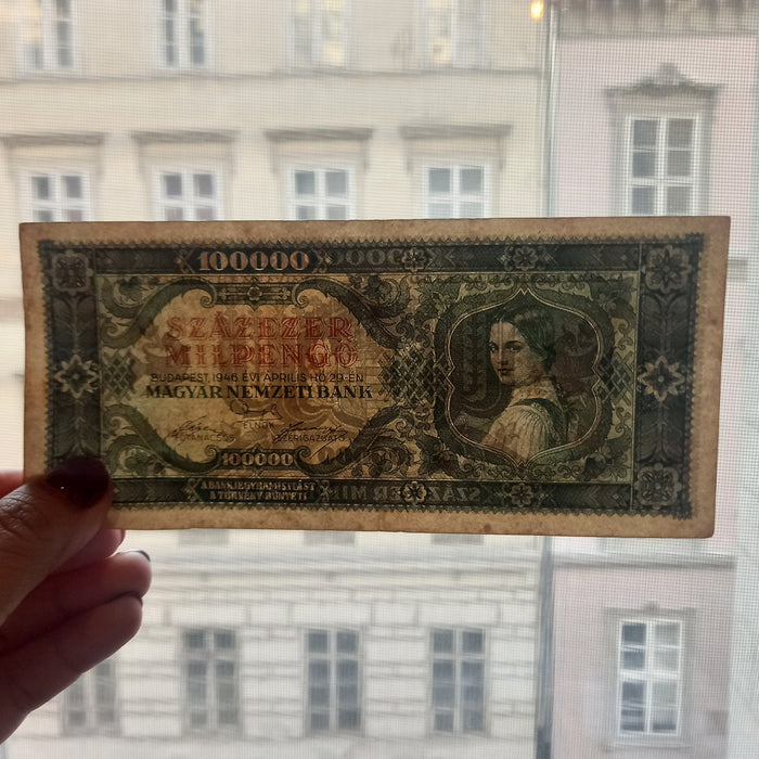 1946 Hungary Banknote 100K Milpengo 100 Billion Pengo Woman & Coat of Arms