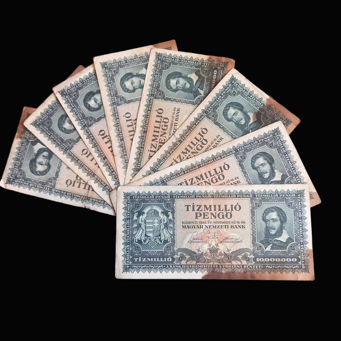 Vintage Banknote 1945 Hungary 10,000,000 Tízmillió Pengő 8-Note WWII Survivor Set