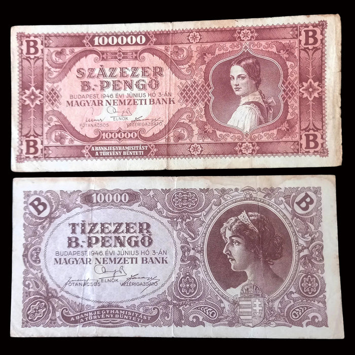 Vintage Banknote 1946 Hungary B-Pengő Set 100 Quadrillion Pengő Hyperinflation Post WWII Money
