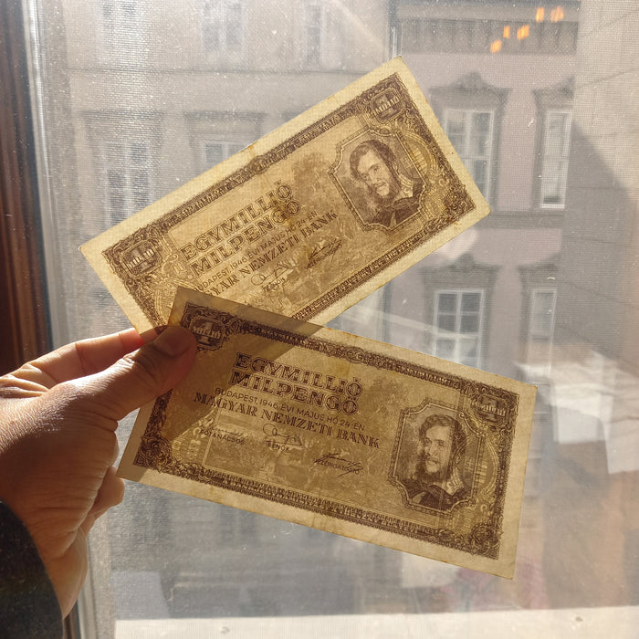 1946 Hungary Banknote One Million Milpengo Pair Trillion Pengo Hyperinflation Choice VF