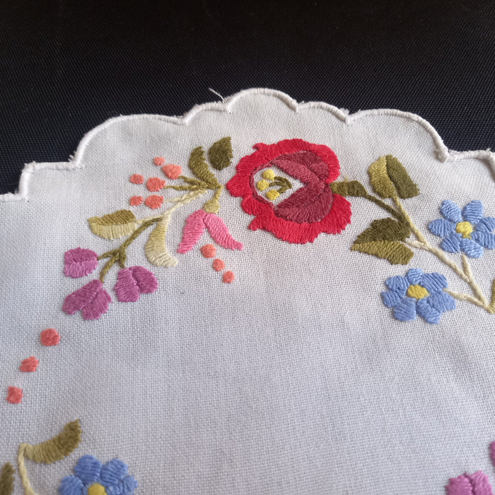 Vintage Hungarian Kalocsa Doily Hand-Embroidered Floral Wreath Folk Art 1960s