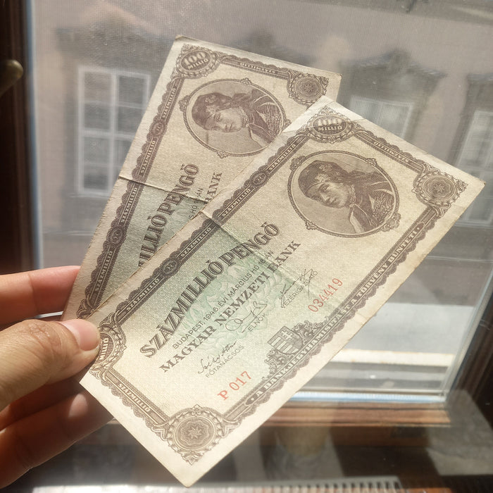 Vintage Banknote 1946 Hungary 100M Százmillió Pengő Pair Palóc Girl Portrait Hyperinflation Currency