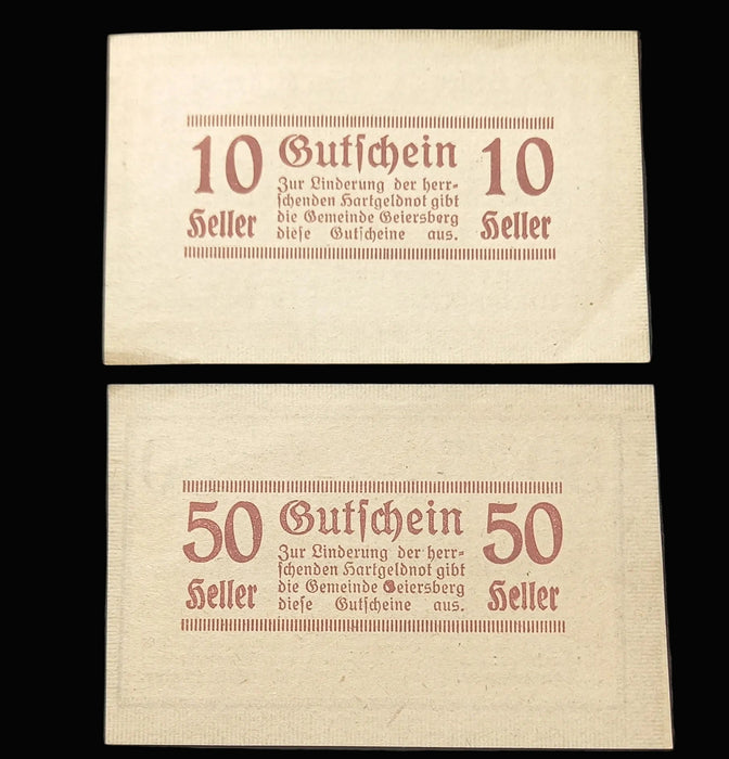 Antique Banknote 1920 Austria Geiersberg Notgeld Emergency Money 50 & 10 Heller Set UNC