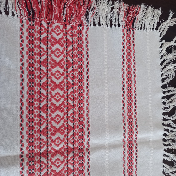 Vintage Hungarian Folk Art Handmade Table Topper Red White Heirloom 1970s