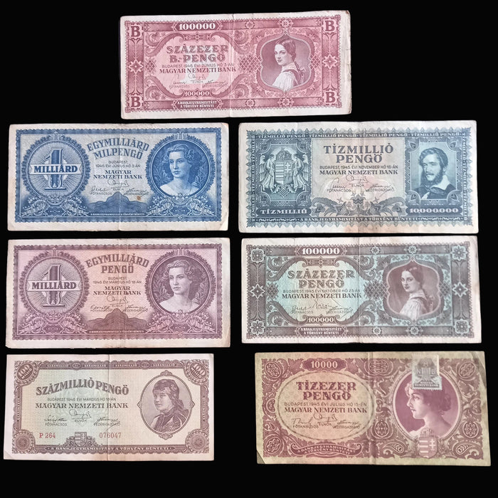 Vintage Banknote Set 1945-46 Hungary 100 Quadrillion Százezer B-Pengő Hyperinflation 7pc
