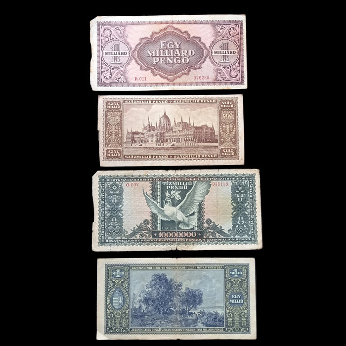 1945-46 Hungary Banknote Pengo Set Post-WWII Hyperinflation Progression Bills