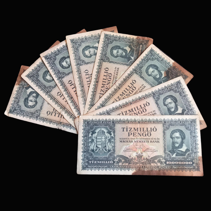 Vintage Banknote 1945 Hungary 10,000,000 Tízmillió Pengő 8-Note WWII Survivor Set