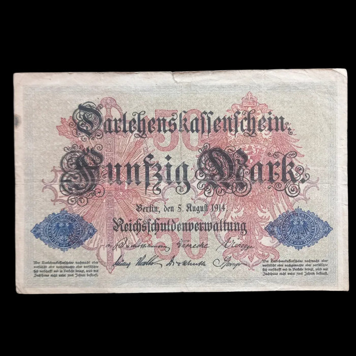 1914 Germany 50 Mark Darlehnskassenschein Banknote Antique WWI Imperial Issue