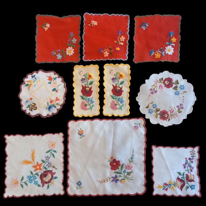 Vintage Hungarian Kalocsa Doily 10pc Set Hand Embroidered Colorful Table Assortment 1970s