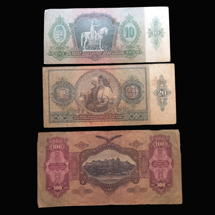 Vintage Banknote 1930-1941 Hungary Pengő 3pc Set 10 20 100 Collectible Old Paper Money