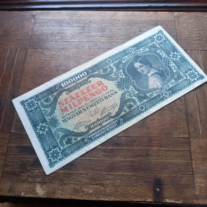 1946 Hungary Banknote 100,000 Milpengő 100 Billion Pengo Hyperinflation Collectible